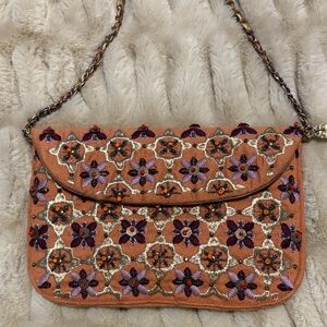 Floral Embroidered and Beaded Crossbody Bag in Orange and Purple
